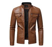 Uomo Giacca in Pelle PU Antivento Moto Retro Multi-Tasche Casual Calda Autunno Faux Cappotti, Marrone, XXL, Giubbotto