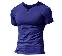 Uomo Henleys Casuale Manica Corta Maglietta Singolo Pulsante abbottonatura Plain v Neck Camicie in Cotone Blu Scuro M