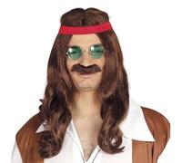 Uomo Hippy Parrucca Con Baffi & Testa Fascia Buona Qualità 60's 70's Woodstock