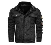 Uomo Inverno Caldo Risvolto Giacca Cargo Casual di Pelle Parka con Fodera in Lana con Collo Giacca Bomber Multitasche con Ricamo Patch,Moda