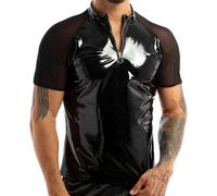 Uomo Lucido T-Shirt pelle Lucida Top Rete Giuntura Tee Slim Punk Club Sexy Nero