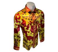 Uomo Manica Lunga Oro Rosso con Bottoni Abito Leopardo Camicia Seta VS12RED Nwt