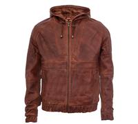 Uomo Marroncino Vintage Retrò Casual Zip 100% Pelle Cappuccio Boberino Giacca