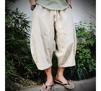 Uomo Pantaloni Capri Cotone Lino Larga Elastico Vita Cinese Estate Spiaggia