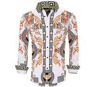 Uomo Premiere Pulsante Manica Lunga Giù Camicia Seta Oro Bianco Leone Coppa 608N