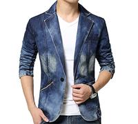 Uomo Retro Denim Blazer Intagliato Risvolto Sbiancato Tasca Con Cerniera Singolo Pulsante Blu Jean Giacca, come da immagine., L