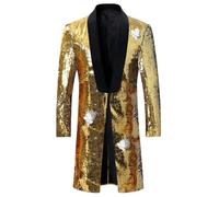 Uomo Scialle Risvolto Doppio Lato Paillettes Colorate Abito Lungo Blazer Stage Singer Costume Trench Lucido Giacca, Oro-argento, L