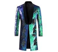 Uomo Scialle Risvolto Doppio Lato Paillettes Colorate Abito Lungo Blazer Stage Singer Costume Trench Lucido Giacca, En8-nero, L