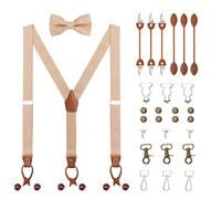 Uomo Set di Bretelle & Papillon, Bretelle a Forma Y Larghe 3,5 cm, 6 WAY TO WEAR con Bottoni/Clips/Chiusura a Moschettone/Fibbia Salopette Bretelle Allungate - Beige