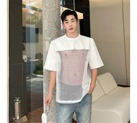 Uomo Similpelle Rete Giuntura Manica Corta Top Maglietta Forato Fuori Casual BAR