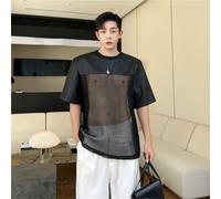 Uomo Similpelle Rete Giuntura Manica Corta Top Maglietta Forato Fuori Casual BAR