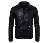 Uomo Street Retro Tinta Unita Maniche Lunghe Antivento Sottile Pu Pelle Giacca Cappotto, Nero , L