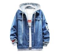 Uomo Tasche strappato Denim Giacca con cappuccio Distintivo Patchwork Fori Cargo Jean Felpa Cappotto, Blu scuro, L