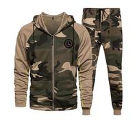 Uomo Tuta invernale con Cappuccio Stampa mimetica Caccia Giungla Cardigan da Campeggio ed escursionismo Felpa con zip intera e Pantaloni da jogging Corsa e allenamento Cachi XXL