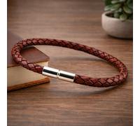Uomo Vera Pelle Bracciale-Sterling Argento Gancio Twist 5mm Intrecciato Rosso