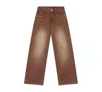 Uomo Vintage Gamba Larga Sciolto Diritto Lavato Sbiaduto Jeans Lunghi, Marrone, M