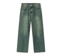 Uomo Vintage Gamba Larga Sciolto Diritto Lavato Sbiaduto Jeans Lunghi, Verde, M