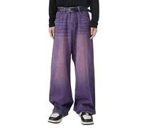 Uomo Vintage Gamba Larga Sciolto Diritto Lavato Sbiaduto Jeans Lunghi, Viola, M
