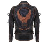 Uomo Vintage Nero Brando “ Live To Ride ” Goffrato Aquila Pelle Biker Giacca