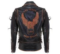 Uomo Vintage Nero Brando “ Live To Ride ” Goffrato Aquila Pelle Biker Giacca