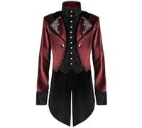 Uomo Vintage Tailcoat Giacca Medievale Steampunk Vittoriano Ricamo Cappotto Halloween Carnevale Rinascimento Gentiluomo Cosplay Costume, Rosso, XL