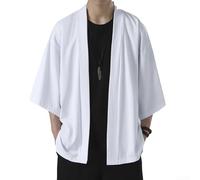UomoKimonoCardigan, IceSilkOpenFrontYukataRobewith3/4SleeveforCasualBeachParty,JapaneseStyleLargeShirtTop (L bianco)
