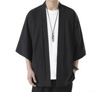 UomoKimonoCardigan, IceSilkOpenFrontYukataRobewith3/4SleeveforCasualBeachParty,JapaneseStyleLargeShirtTop (3XL Nero)