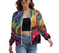 UOMSKTY Bomber Donna Elegante, Giacca Leggera Pilota Musica con Tasche, Rotazione Note Onde Cappotto Antivento Zip Up Casual Outwear Giacca a Vento Primavera Autunno S