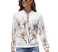 UOMSKTY Giacca Autunno Donna con Zip,Giubbotto Bomber Elegante Floreale,Giacca Bomber da Cappotto,Magnolia Ad Acquerello Donna Pilota con Chiusura Lampo per Giacchetto Mezza Stagione Bianco S