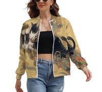 UOMSKTY Giacca Autunno Donna con Zip, Giubbotto Bomber Fantasia Animali,Giacca Bomber da Cappotto, Giappone Ukiyo-E Gatto Donna Pilota con Chiusura Lampo per Giacchetto Mezza Stagione Giallo Dorato S