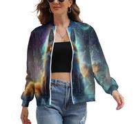 UOMSKTY Giacca Bomber Donna Cielo Stellato Corpi Celesti Animali per Mezze Stagioni, Baseball con Chiusura Lampo Motociclista Maniche Lunghe Jacket, Elegante Volpe Giacca Donna Streetwear Verde L