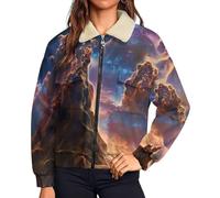 UOMSKTY Giacca Da Donna Pile Felpa Con Zip, Blu Casual Lunga Peluche Sherpa Giacca In Pile Polare, Autunno E Inverno Universo Spazio Montagne Nebulosa Caldo sherpa Cappotto, L