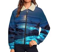 UOMSKTY Giacca Da Donna Pile Felpa Con Zip, Blu Casual Lunga Peluche Sherpa Giacca In Pile Polare, Autunno E Inverno Vista Notturna Costiera Spiaggia Creature Caldo sherpa Cappotto, L