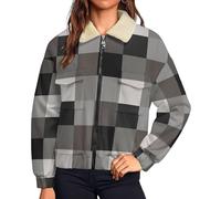 UOMSKTY Giacca Da Donna Pile Felpa Con Zip, Grigio Casual Lunga Peluche Sherpa Giacca In Pile Polare, Autunno E Inverno Semplice Elegante Geometrico Gradiente Quadrato Caldo sherpa Cappotto, S