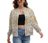 UOMSKTY Giacca Donna Leggera, Bohémien Floreale Bomber Pilota Elegante Zip Up con Tasche, Mandala D'Oro Cappotto Antivento Casual Outwear Giacca a Vento Primaverile Autunno XL