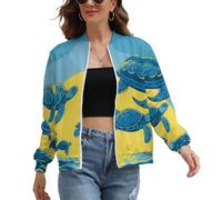 UOMSKTY Giacca Donna Leggera, Cartone Animato Animale Bomber Pilota Elegante Zip Up con Tasche, Tartaruga Blu Cappotto Antivento Casual Outwear Primaverile Autunno XS