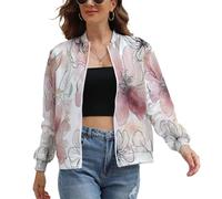 UOMSKTY Giacca Donna Leggera, Moderno A Righe Bomber Pilota Elegante Zip Up con Tasche, Petali Astratti E Rosa Cappotto Antivento Casual Outwear Giacca a Vento Primaverile Autunno L