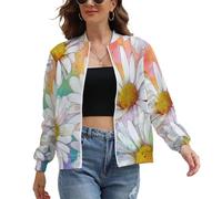 UOMSKTY Giacca Donna Leggera, Retrò Floreale Bomber Pilota Elegante Zip Up con Tasche, Petali Bianchi Margherita Cappotto Antivento Casual Outwear Giacca a Vento Primaverile Autunno XS