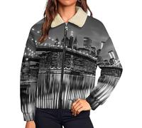 UOMSKTY Giacca in Pile da Donna, Skyline Di New York City Teddy Fodera Sherpa con Cerniera, Architettura Ponte Felpa Calda a Maniche Lunghe, Grigio Scuro Giacca in Peluche per Autunno e Inverno, L