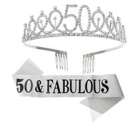 Uonlytech Corona di Compleanno e Fascia per Chioma 50° Compleanno, Copricapo da Festa Decorazioni Lucide e Cintura di Galateo, Set 2 Pezzi per Eventi e Feste Indimenticabili