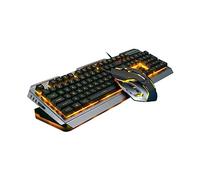 Uonlytech Set Tastiera Meccanica Retroilluminata Usb e Mouse Da Gioco Ergonomico Pulsanti Multimediali Fn, Design in Lega Di Metallo Sabbiata, Retroilluminazione Gialla Disattivabile, Per Gamer Pc