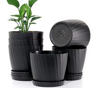 UOUZ 6'' Plant Pots Bulk, 6 Pack Plastic Planters with Drainage Holes and Saucers for Indoor Outdoor House Plants and Flowers, Black