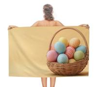 Uova di Pasqua colorate in cestino di vimini, telo mare in microfibra senza sabbia, grandi asciugamani da doccia multiuso assorbenti per bagno piscina 130 x 80 cm