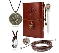 UoYu Uncharted - Set di 4 gioielli con teschio in bronzo, collana con anello e braccialetto in pelle, diario e taccuino con penna