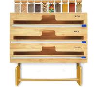 Upgrade Bamboo Cling Film Dispenser And Cutter, 5 in 1 Foil And Plastic Wrap Dispenser with Cutter And Labels, Detachable Paper Towel Foil Holder, Aluminum Foil Organization, Fits 12" Roll