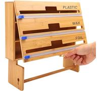 Upgrade Cling Film Dispenser And Cutter, Plastic Wrap with Cutter And Labels, 5 in 1 Tin Foil And Plastic Wrap Organizer, Bamboo Paper Towel Holder Wall Mount, Compatible with 12" Roll