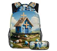 Upgrade Their Backpack Game, Set di 2 zaini per bambini con zaino e astuccio, borsa da viaggio di grande capacità per ragazzi, ragazze e adolescenti, casa con croce di Pasqua blu, Multicolore,