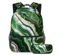 Upgrade Their Backpack Game, Set di 2 zaini per bambini con zaino e astuccio, borsa da viaggio di grande capacità per ragazzi, ragazze e adolescenti, texture marmo verde, Multicolore, B：29.4x20x40cm\