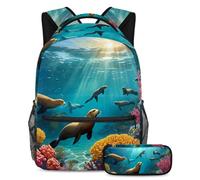 Upgrade Their Backpack Game, Set di 2 zaini per bambini con zaino e astuccio, borsa da viaggio di grande capacità per ragazzi, ragazze e adolescenti, grazioso leone marino, Multicolore,