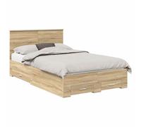 Upholstered Bed Frame with Headboard Sonoma Oak 135 x 190 cm, Engineered Wood Frame, Storage Drawers, Slatted Base, Easy Assembly, Silver Handle, Modern Bedroom Durable for Double Mattress